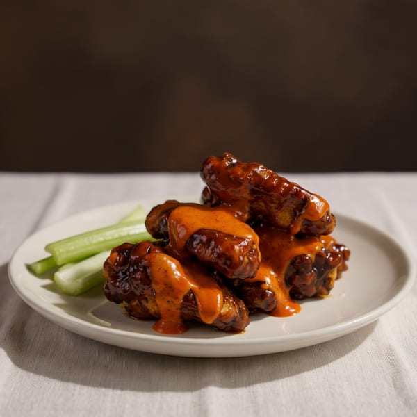 Plate of saucy chicken wings with celery sticks on a white tablecloth.