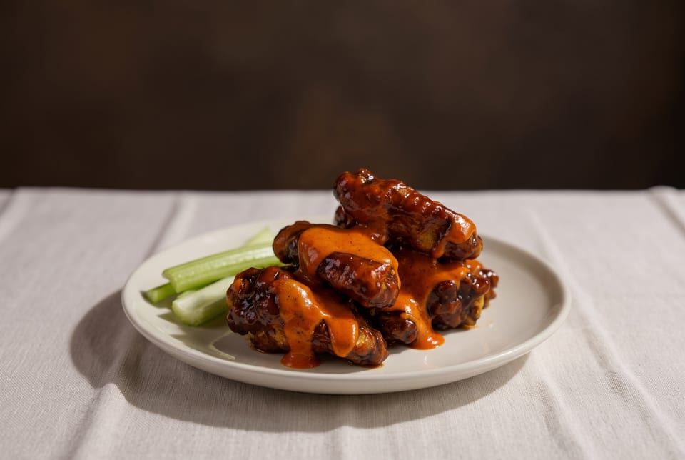 Plate of saucy chicken wings with celery sticks on a white tablecloth.