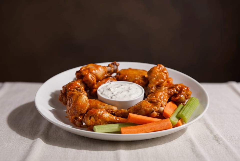 Buffalo chicken wings with ranch dressing, celery, and carrots on a white plate.