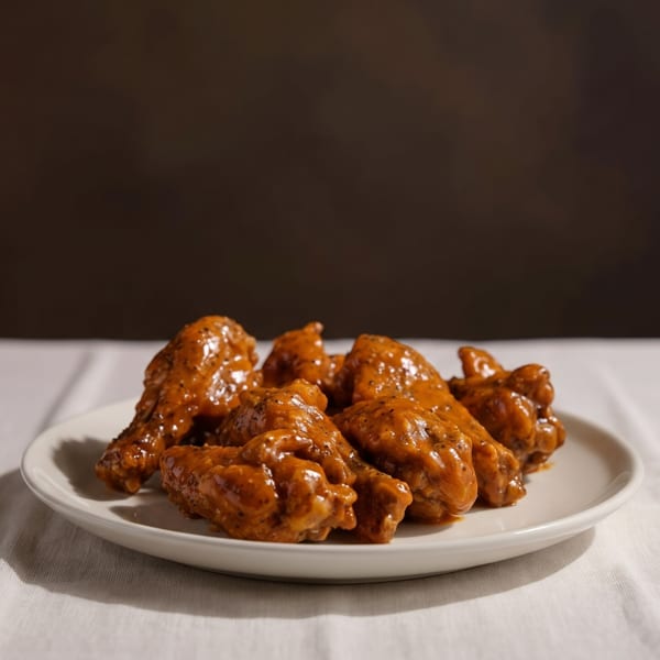 A white plate filled with several saucy, golden-brown chicken wings on a white tablecloth.