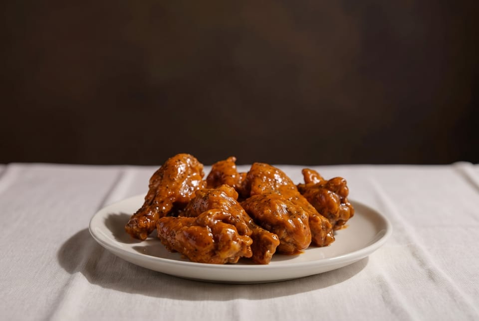 A white plate filled with several saucy, golden-brown chicken wings on a white tablecloth.