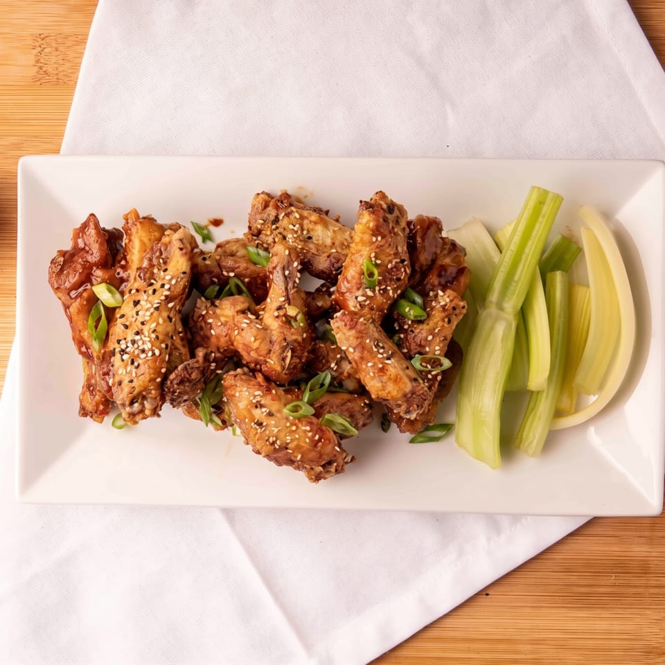 A white rectangular plate holds sesame chicken wings with green onions and celery sticks.