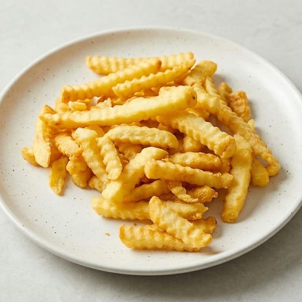 A white plate filled with a generous serving of golden-brown crinkle-cut french fries.