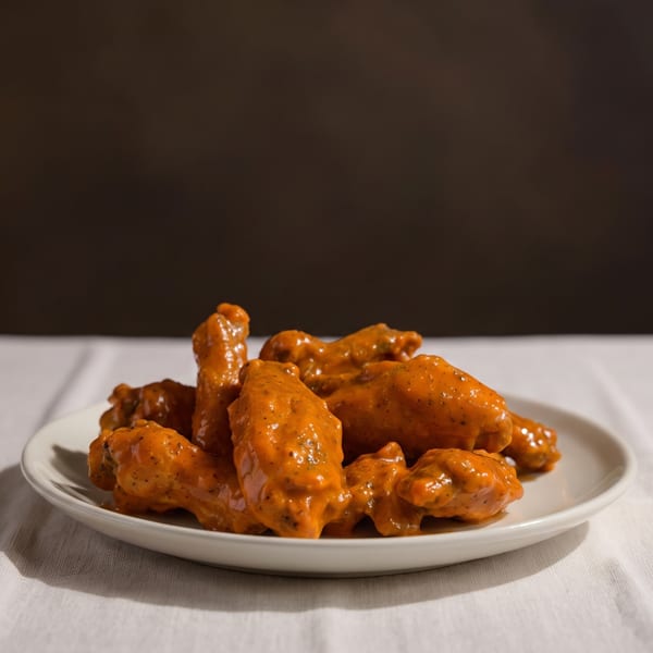 A white plate piled high with buffalo chicken wings, coated in a rich orange sauce.