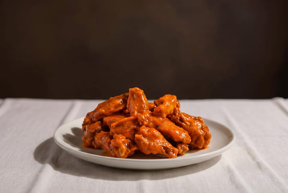 A white plate piled high with buffalo chicken wings, coated in a vibrant orange sauce.